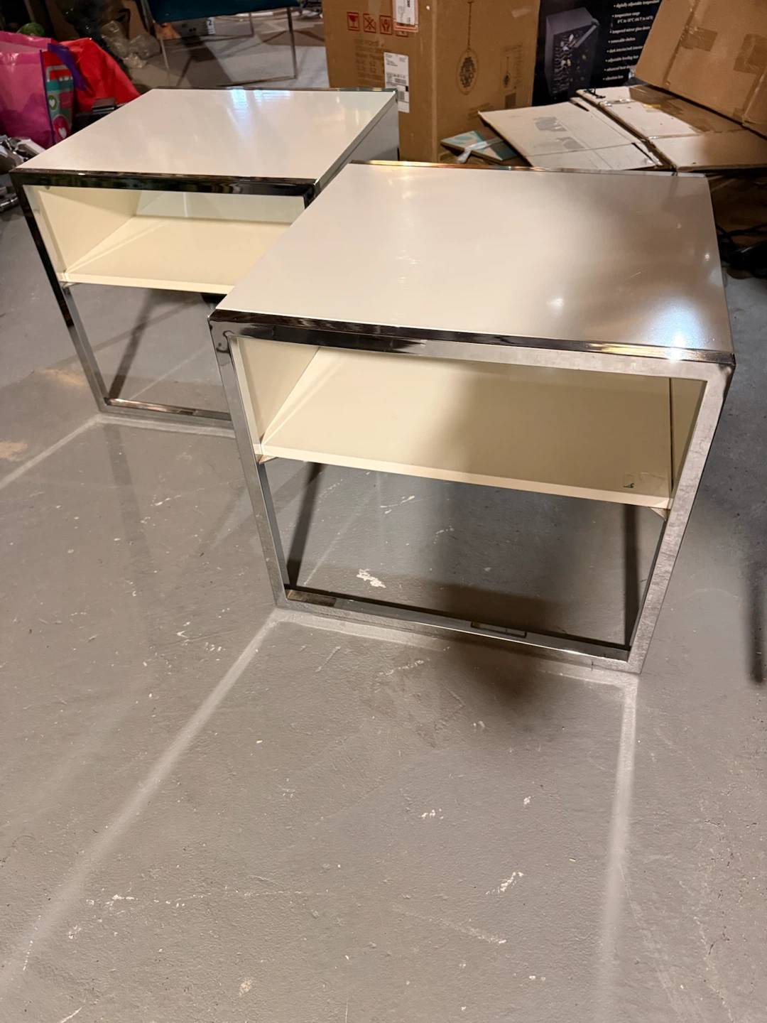 Modern EQ3 Side Tables / Nightstands (Pair) – Gloss White/Chrome