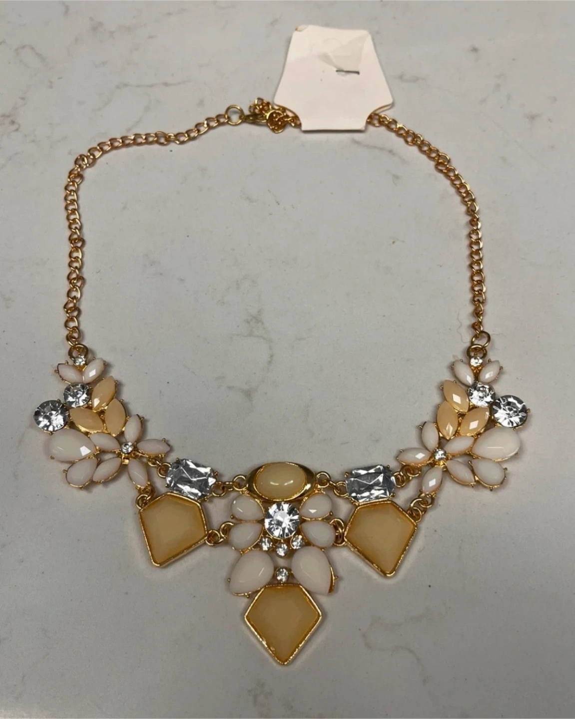 Gold-tone Statement Necklace with Cream and Clear Stones