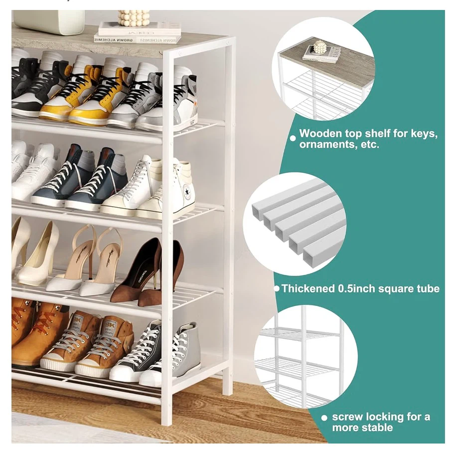 5-Tier Metal Shoe Rack with Wooden Top - photo 5