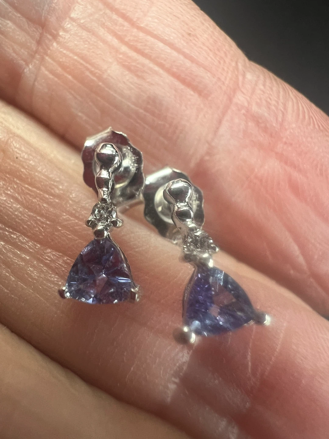 14 k Trillion Cut Tanzanite and Diamond Earrings - photo 3