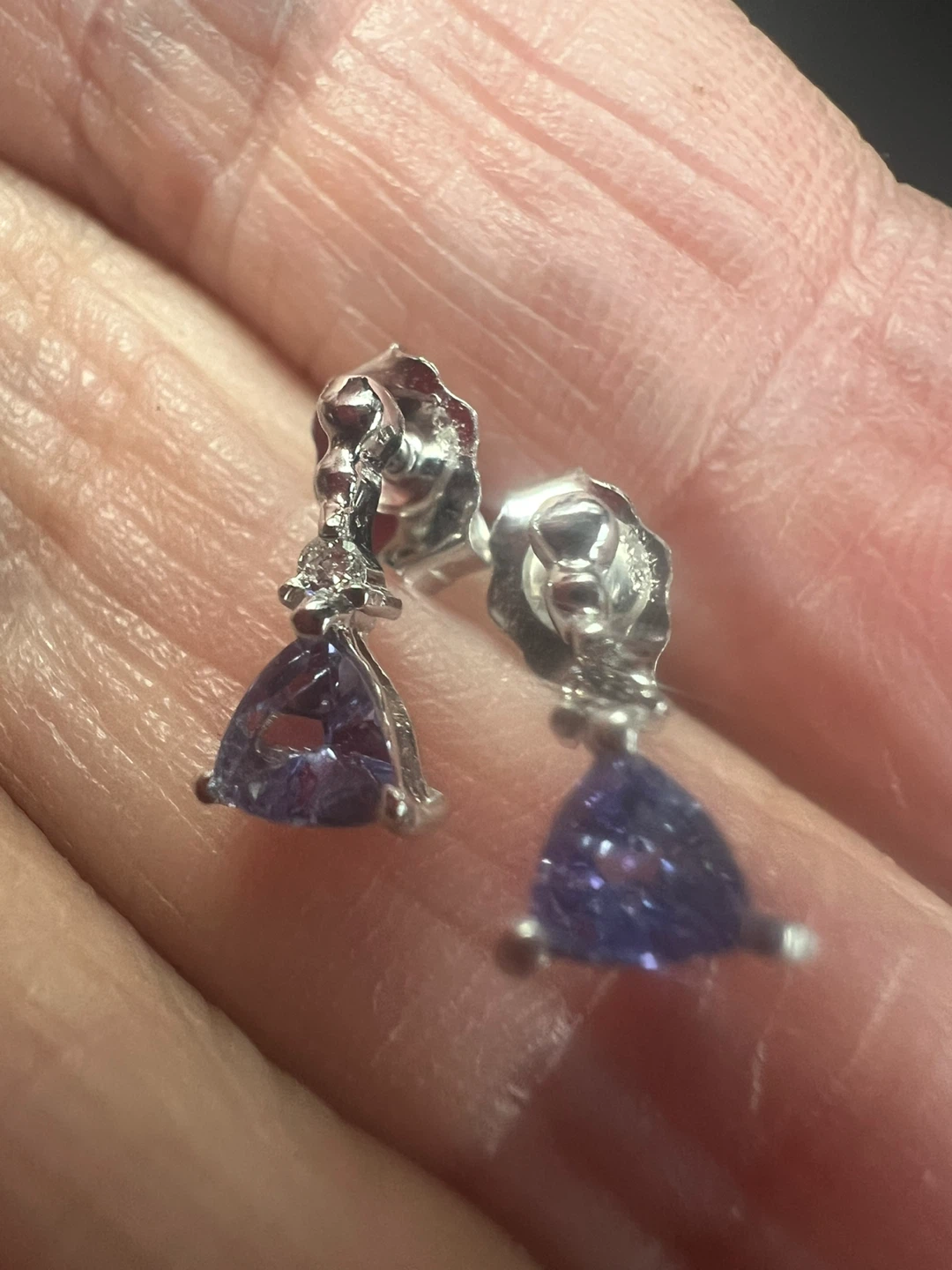 14 k Trillion Cut Tanzanite and Diamond Earrings - photo 4
