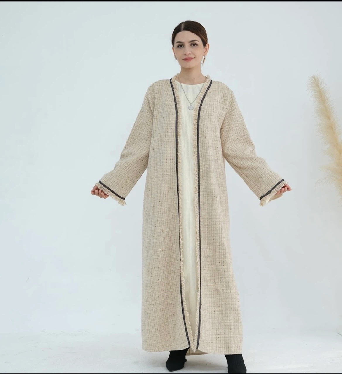Beige Tweed coat with Fringed Trim