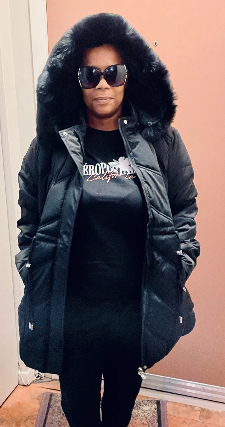 Black Women's Quilted Puffer Jacket with Faux Fur Hood