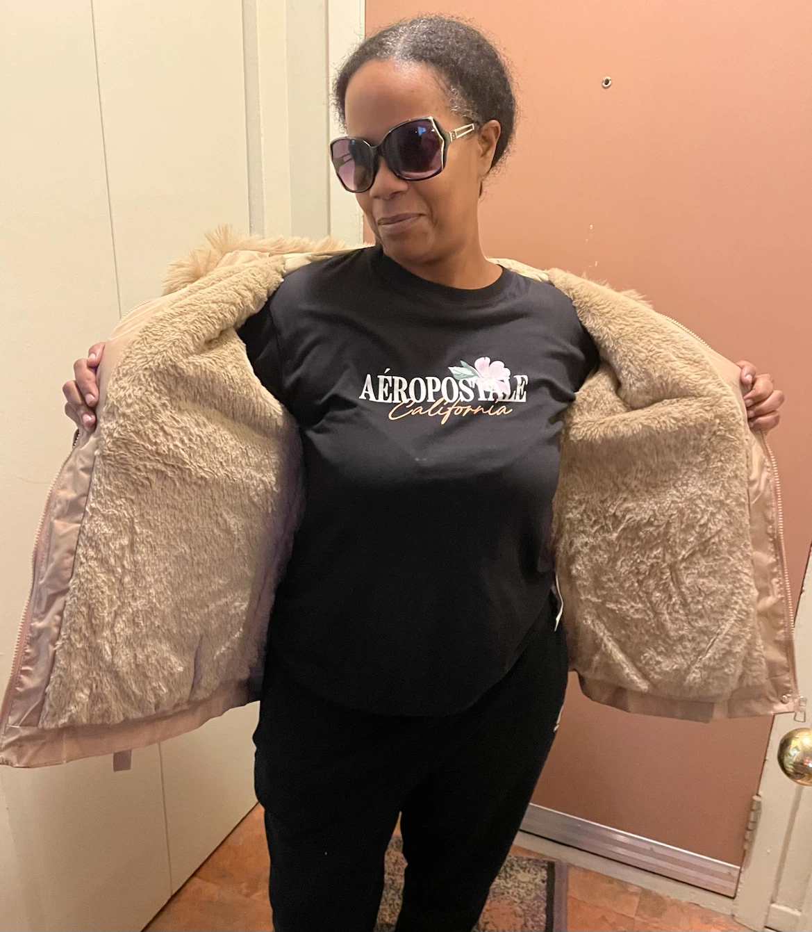 Beige faux fur hooded winter jacket