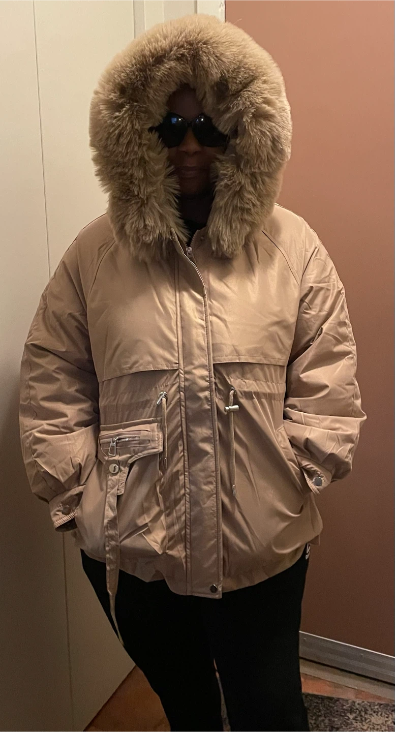 Beige faux fur hooded winter jacket - photo 2
