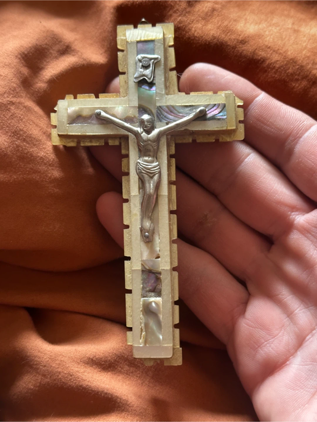 Vintage Jerusalem Olive Wood & Mother-of-Pearl Crucifix