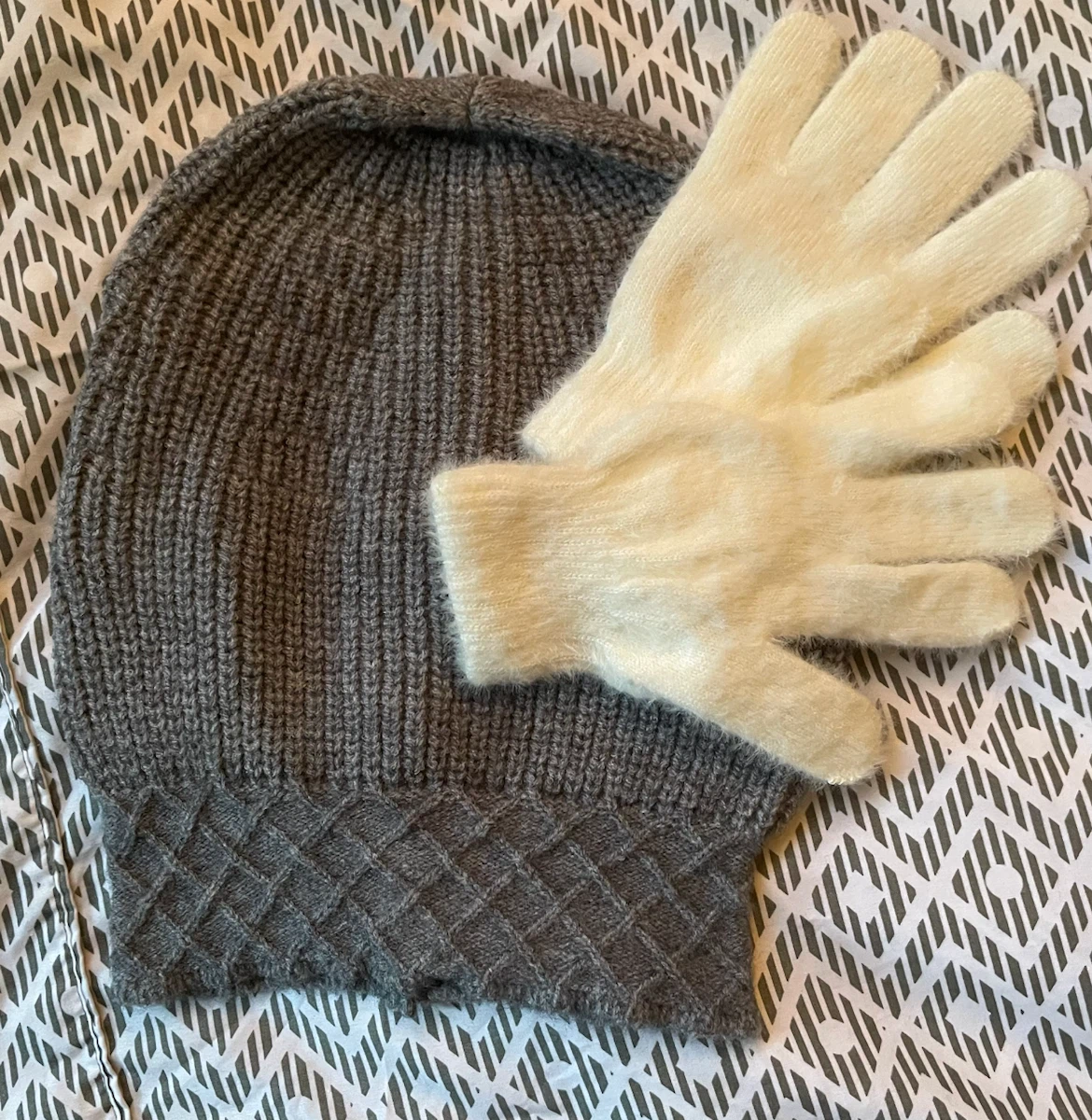 Grey Knitted Hat and Cream Gloves Set