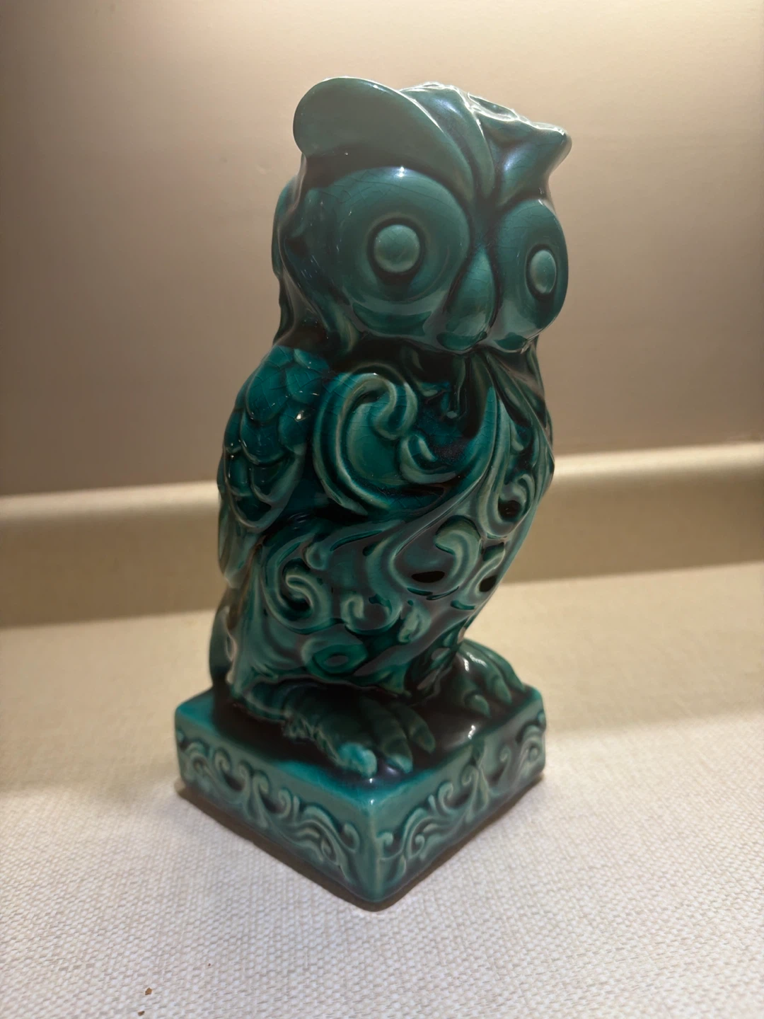 Vintage Teal Glazed Ceramic Owl Figurine