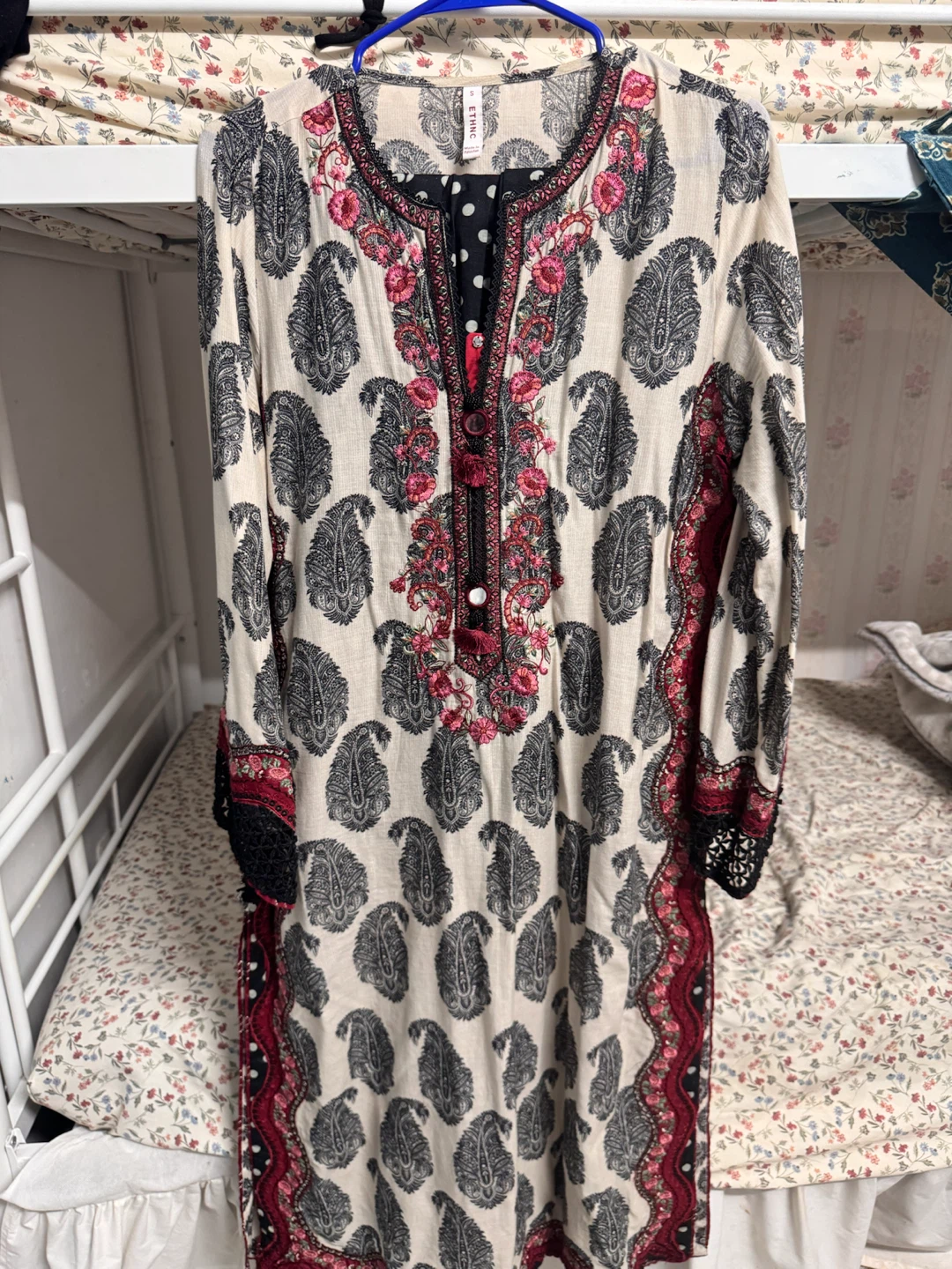 Ethnic Paisley Embroidered Kurta and Polka Dot Pants Set