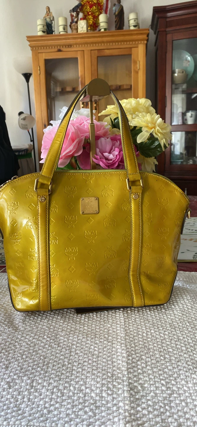 Yellow MCM Logo Embossed Handbag