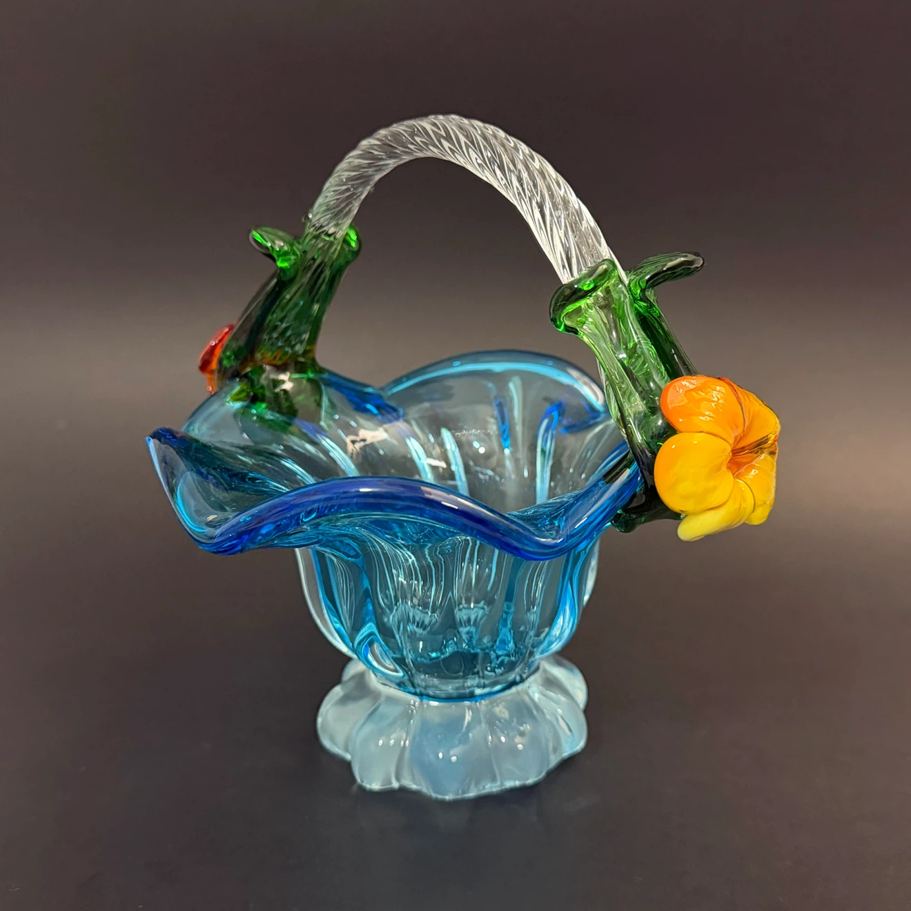 Blue Art Glass Basket with Floral Accents- Vintage