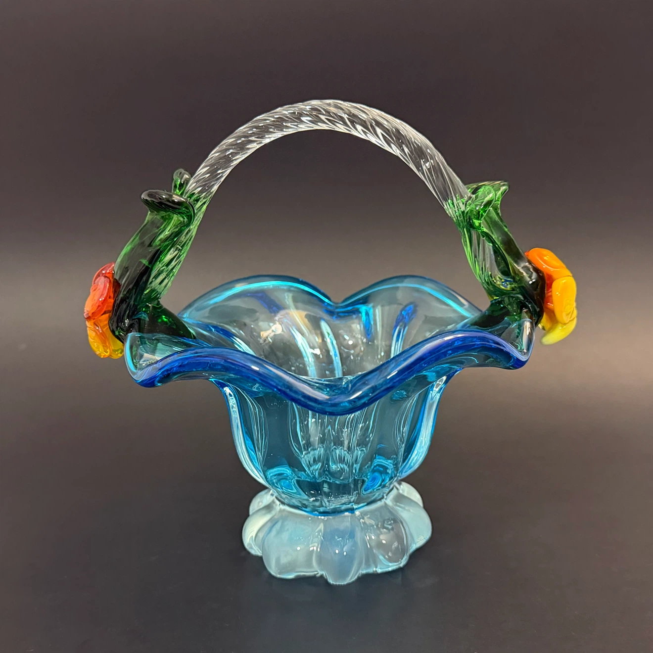 Blue Art Glass Basket with Floral Accents- Vintage - photo 2