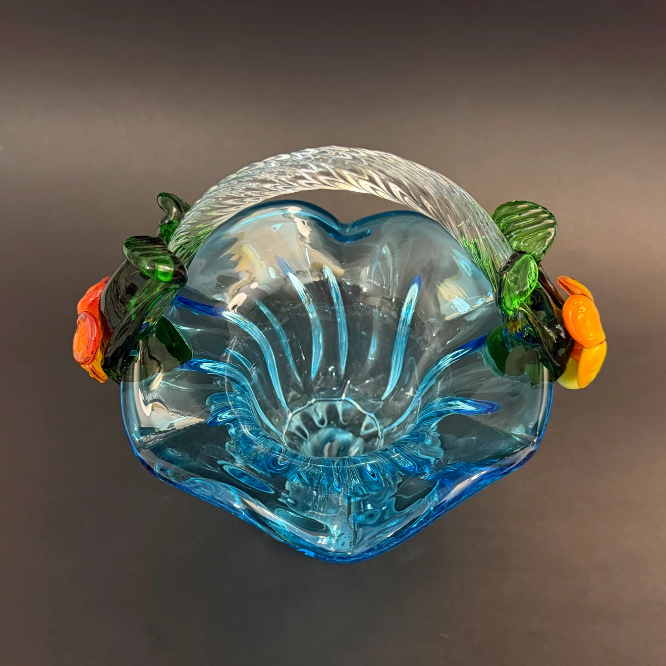 Blue Art Glass Basket with Floral Accents- Vintage - photo 3