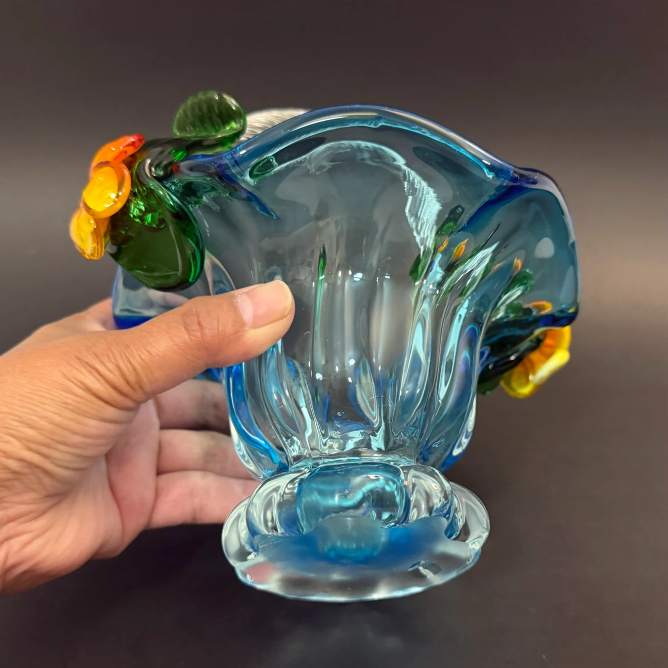 Blue Art Glass Basket with Floral Accents- Vintage - photo 4