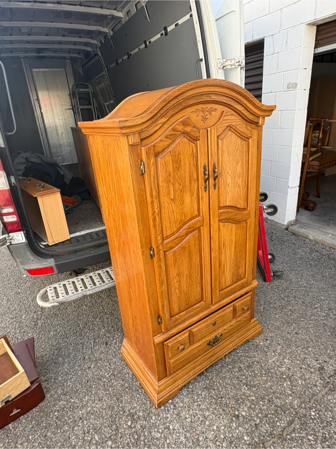 Free delivery used Solid Oak Armoire with Bottom Drawer - photo 2