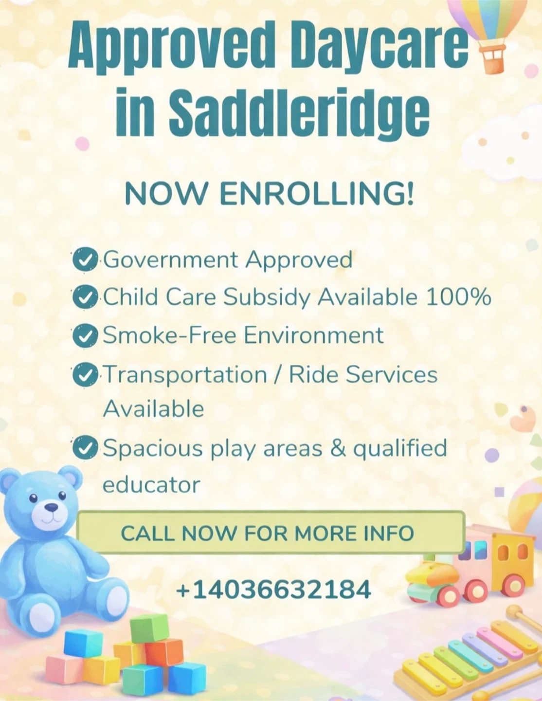 🧸🌈 Now Enrolling at Approved Daycare in Saddle Ridge! 🌈🧸