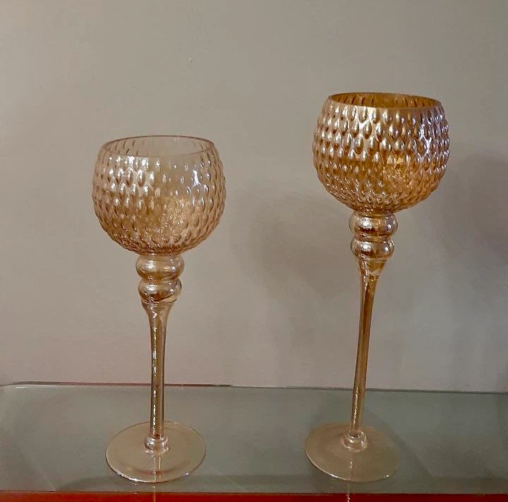 Set of two gold glass candle holders