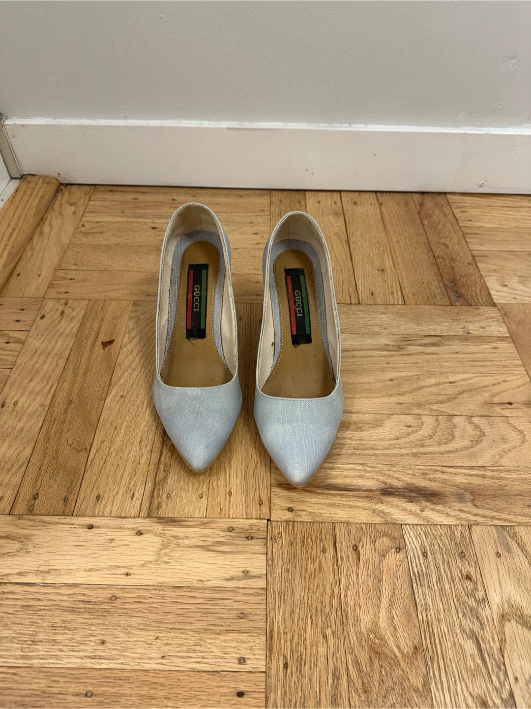 light blue textured pumps