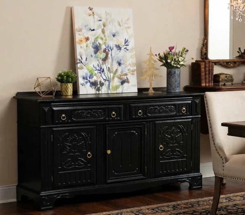 Vintage Circa 1900’s Solid Oak carved sideboard Black & Gold