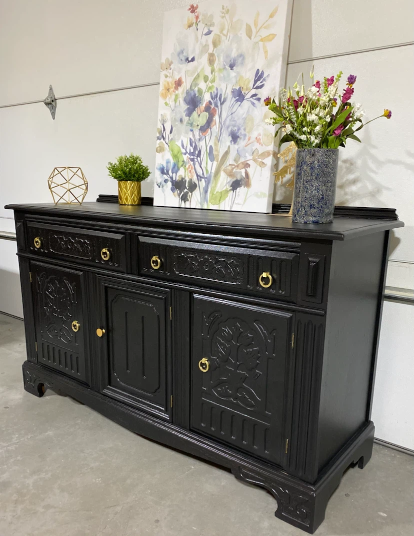 Vintage Circa 1900’s Solid Oak carved sideboard Black & Gold - photo 2