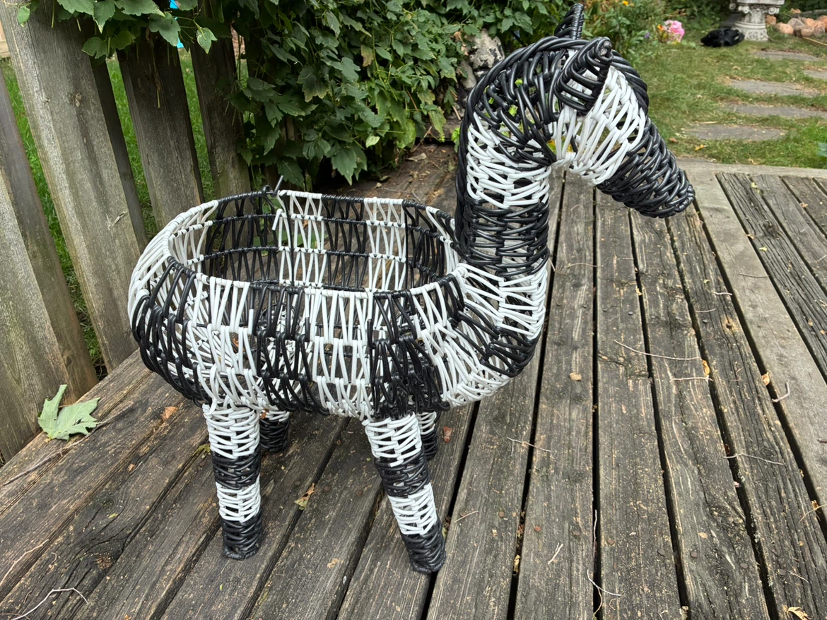 Fun large black-and-white woven horse / zebra basket.