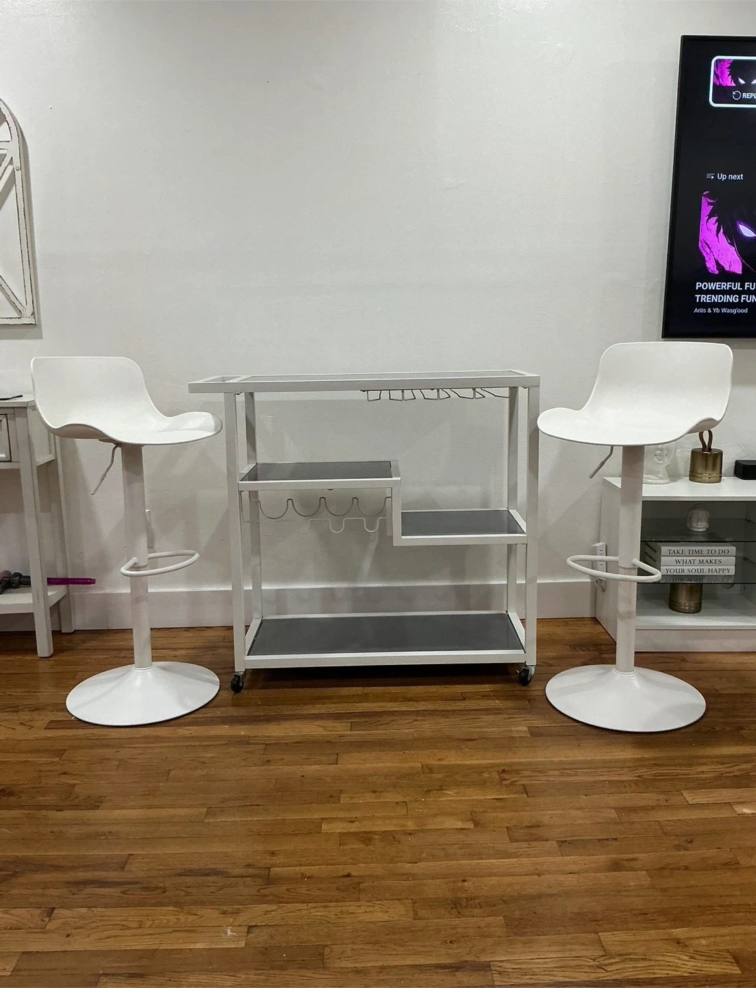 White Metal Bar Cart with Shelving and two stools for free - photo 3