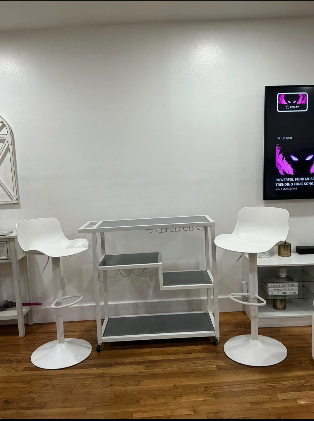 White Metal Bar Cart with Shelving and two stools for free - photo 4