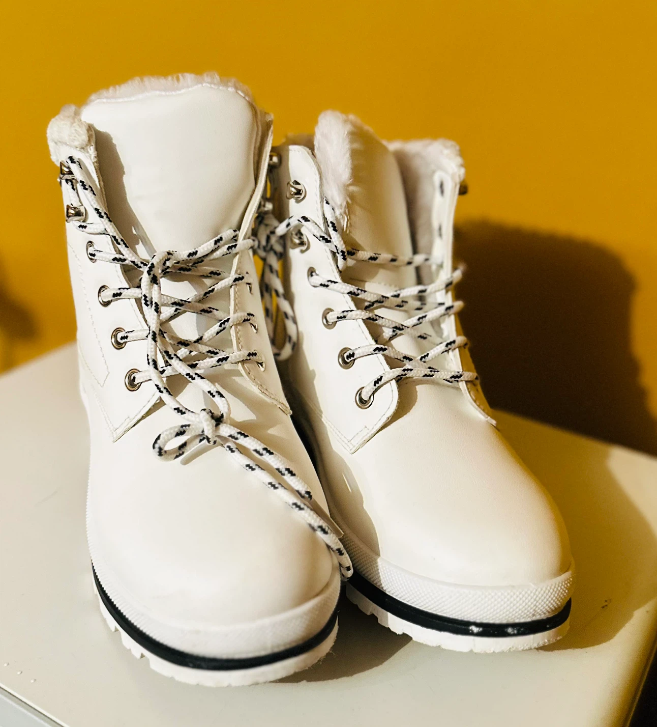 White Faux Fur Lined Lace-Up Boots