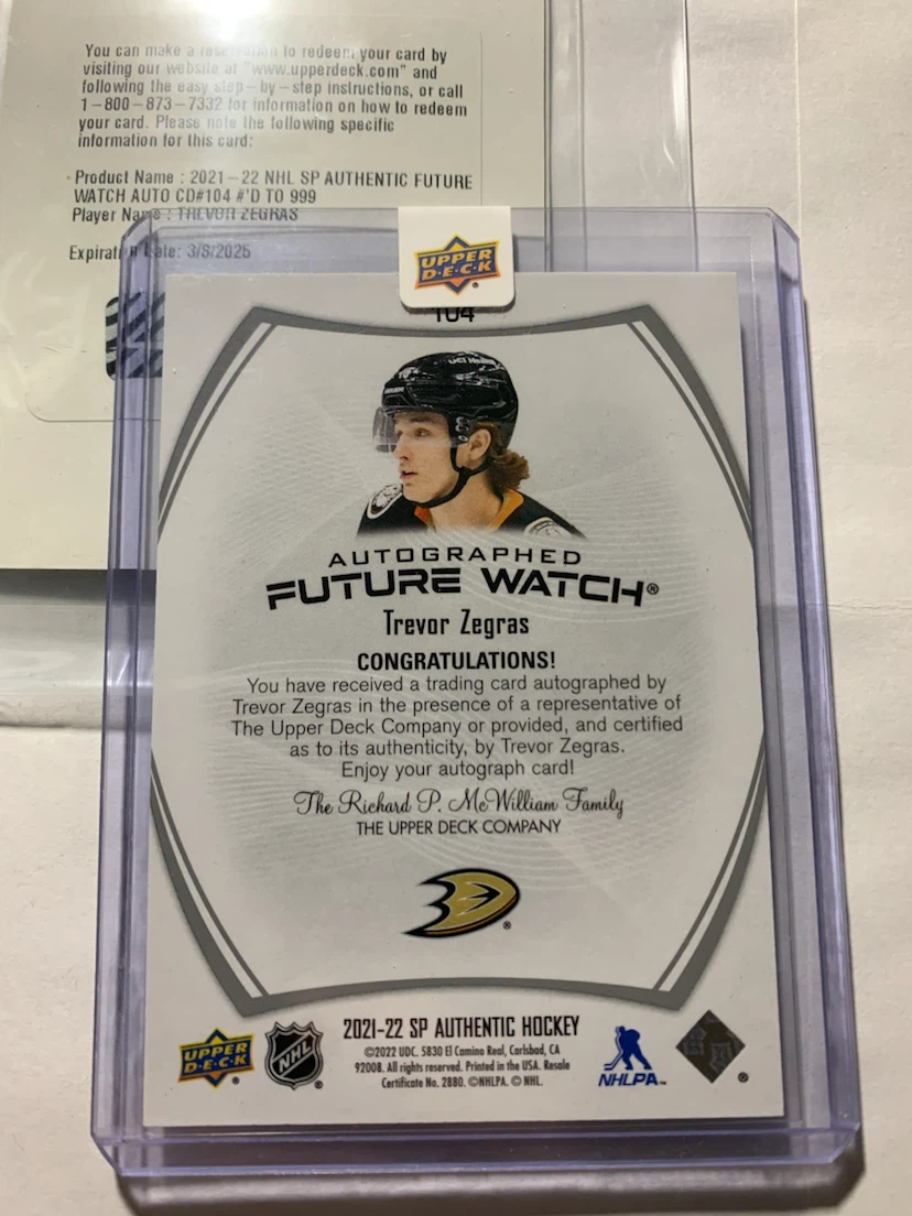 2021-22 Upper Deck SP Authentic Trevor Zegras Auto Card