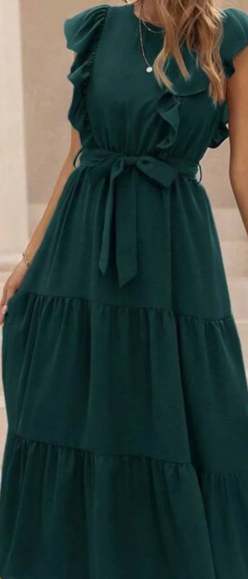 Dark Green Ruffle Sleeve Midi Dress