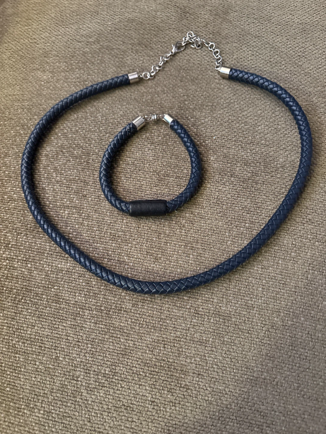 Braided Blue Leather Necklace and Bracelet Set