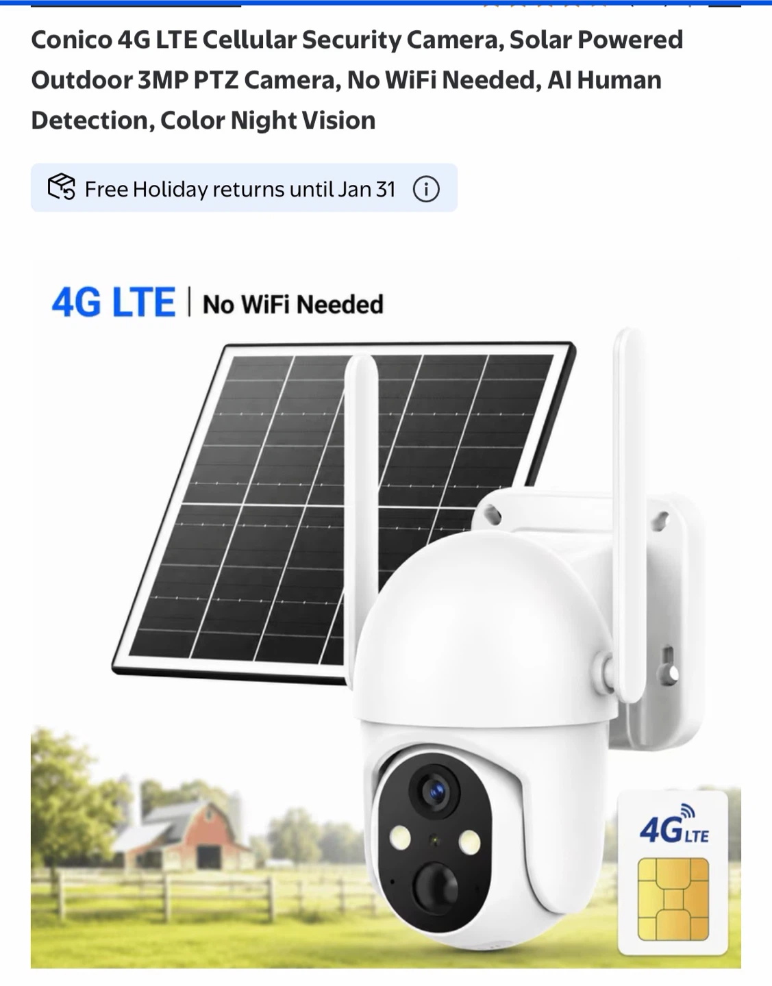 Conico 4G LTE Solar Powered Security Camera
