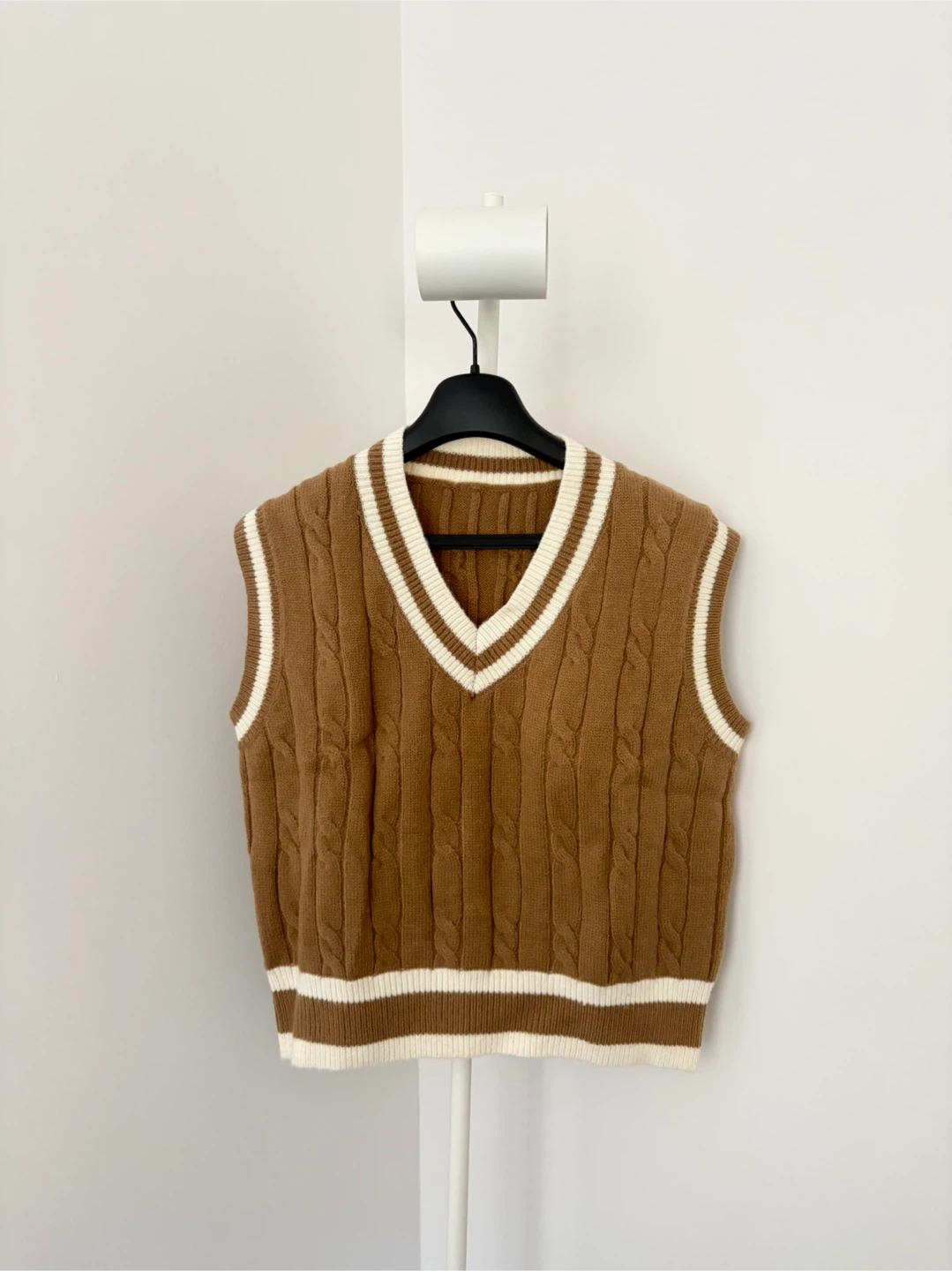 Brown Cable Knit Varsity Sweater
