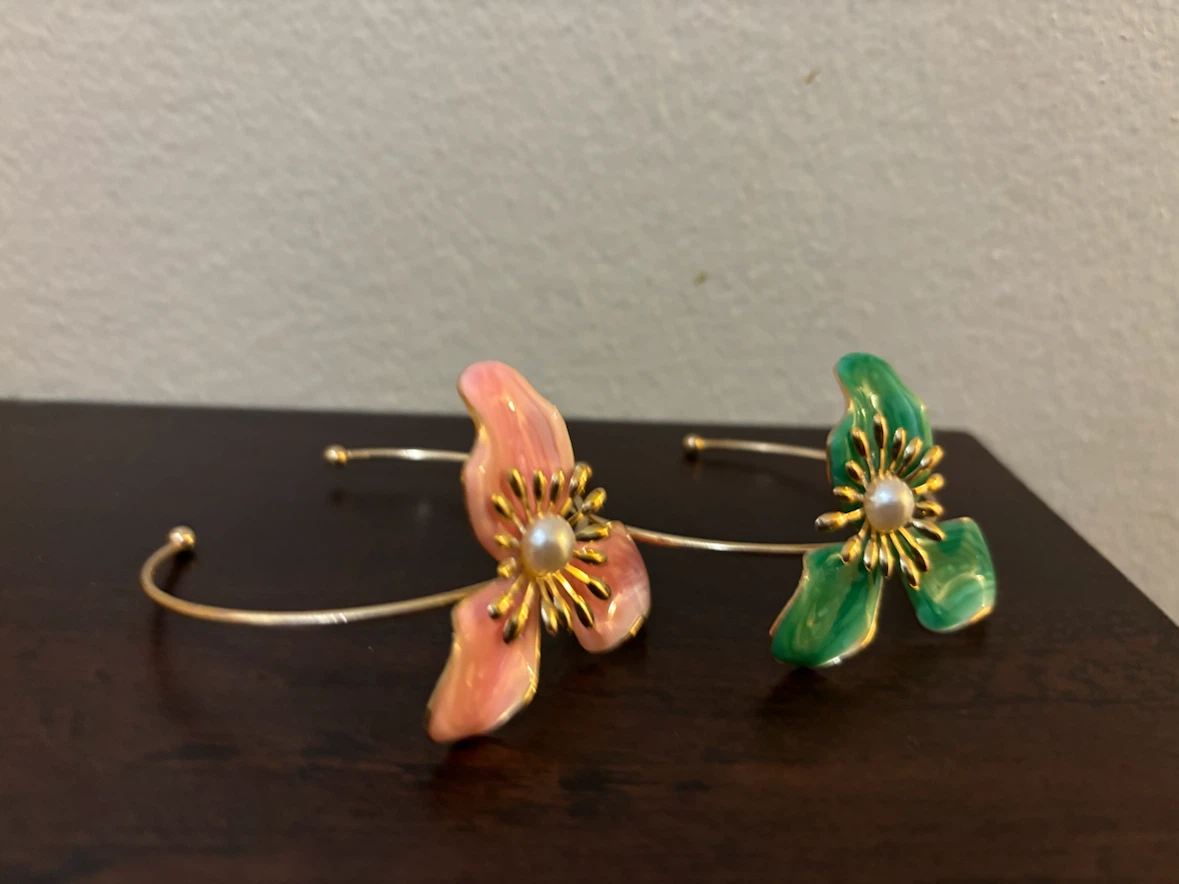 NEW-Set of Two Enamel Flower Cuff Bracelets
