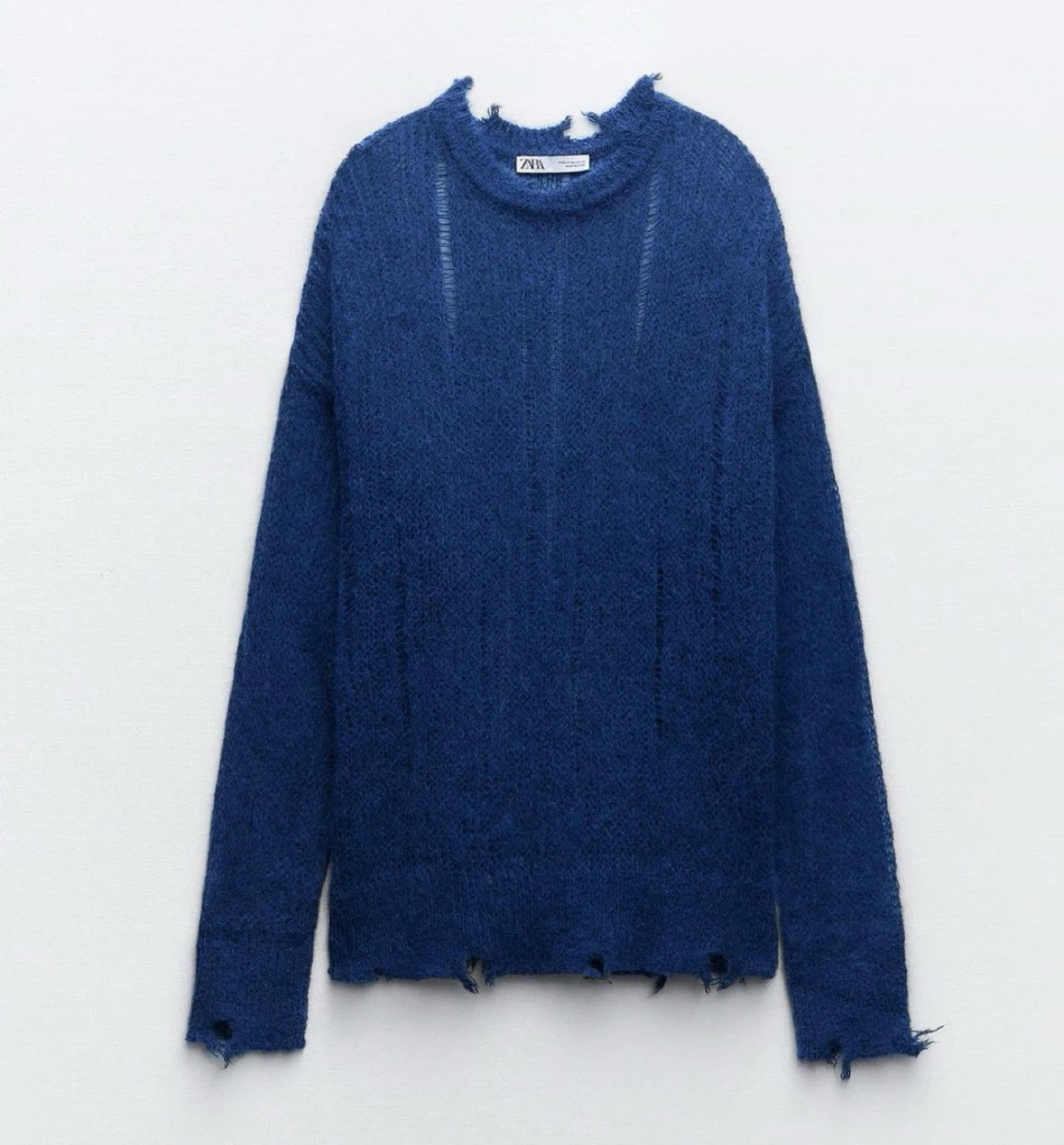 ZARA Blue Distressed Alpaca Blend Knit Sweater
