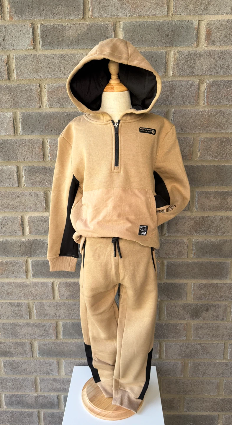 Boys’ 2-Piece Hoodie & Jogger Set - Beige/Black –  New