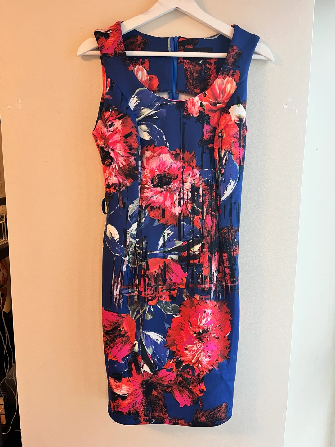 Floral Print Sleeveless Dress | Blue & Red Pattern Size Small