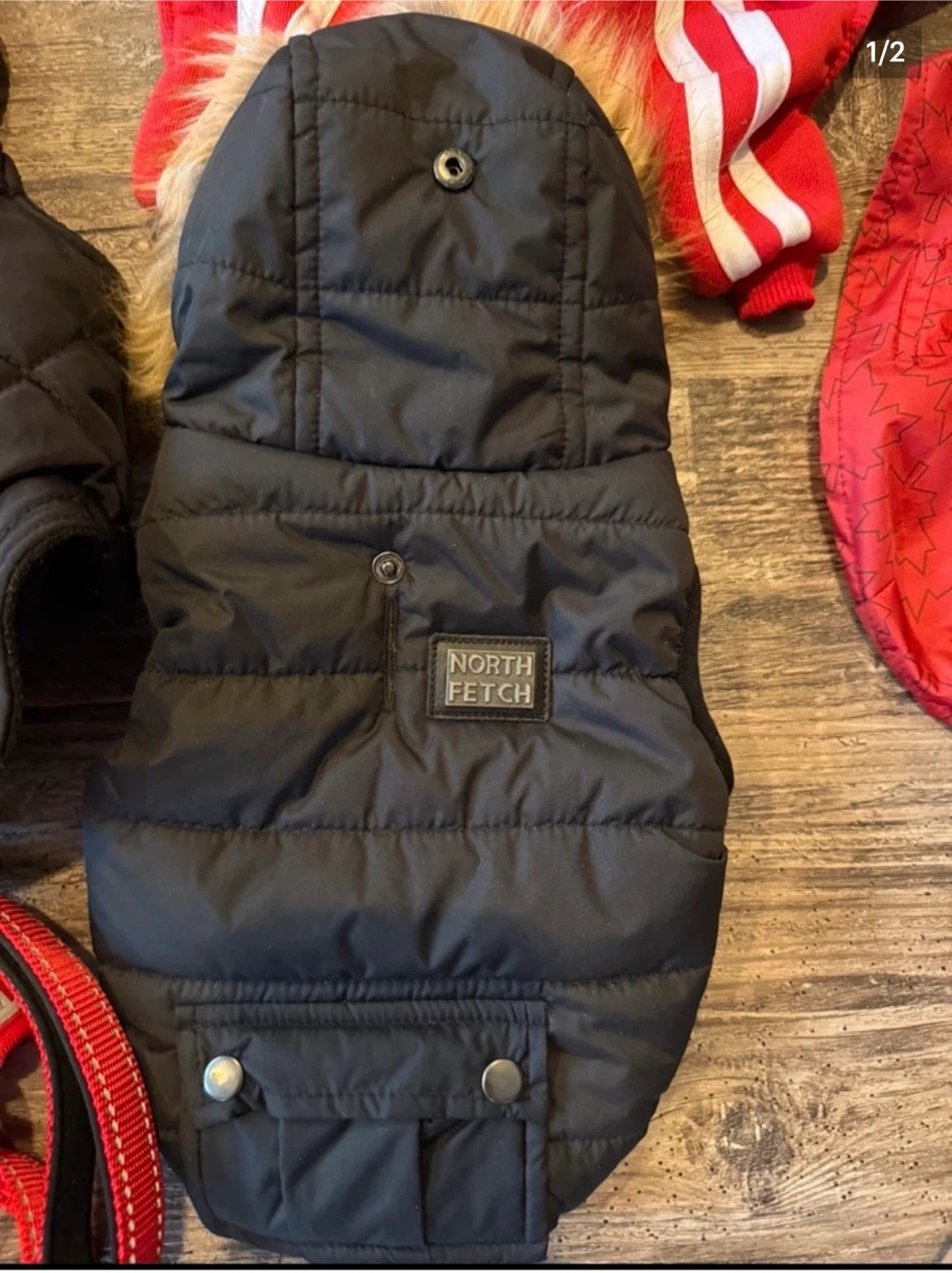 North Fetch black puffer dog coat with faux fur hood