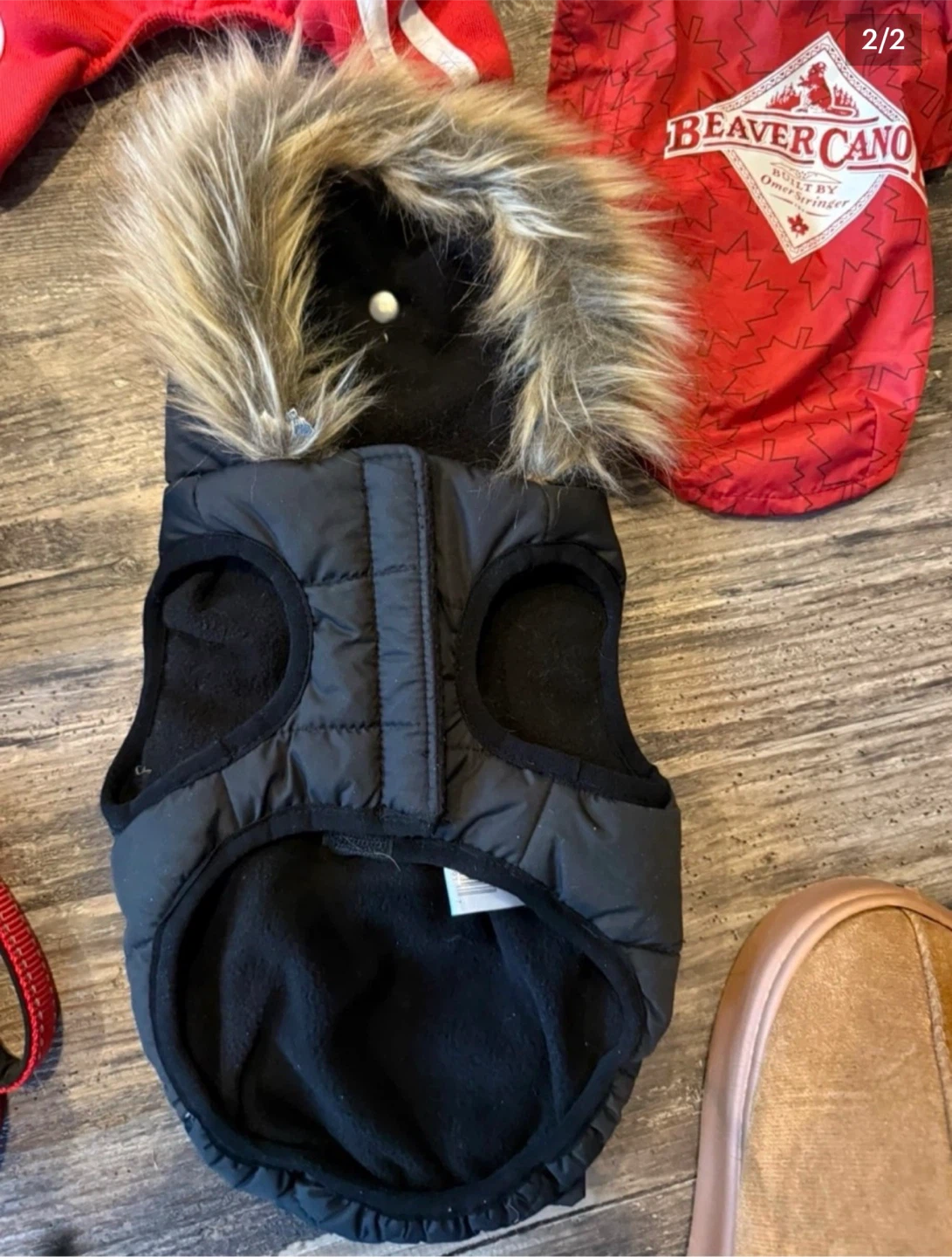 North Fetch black puffer dog coat with faux fur hood - photo 2