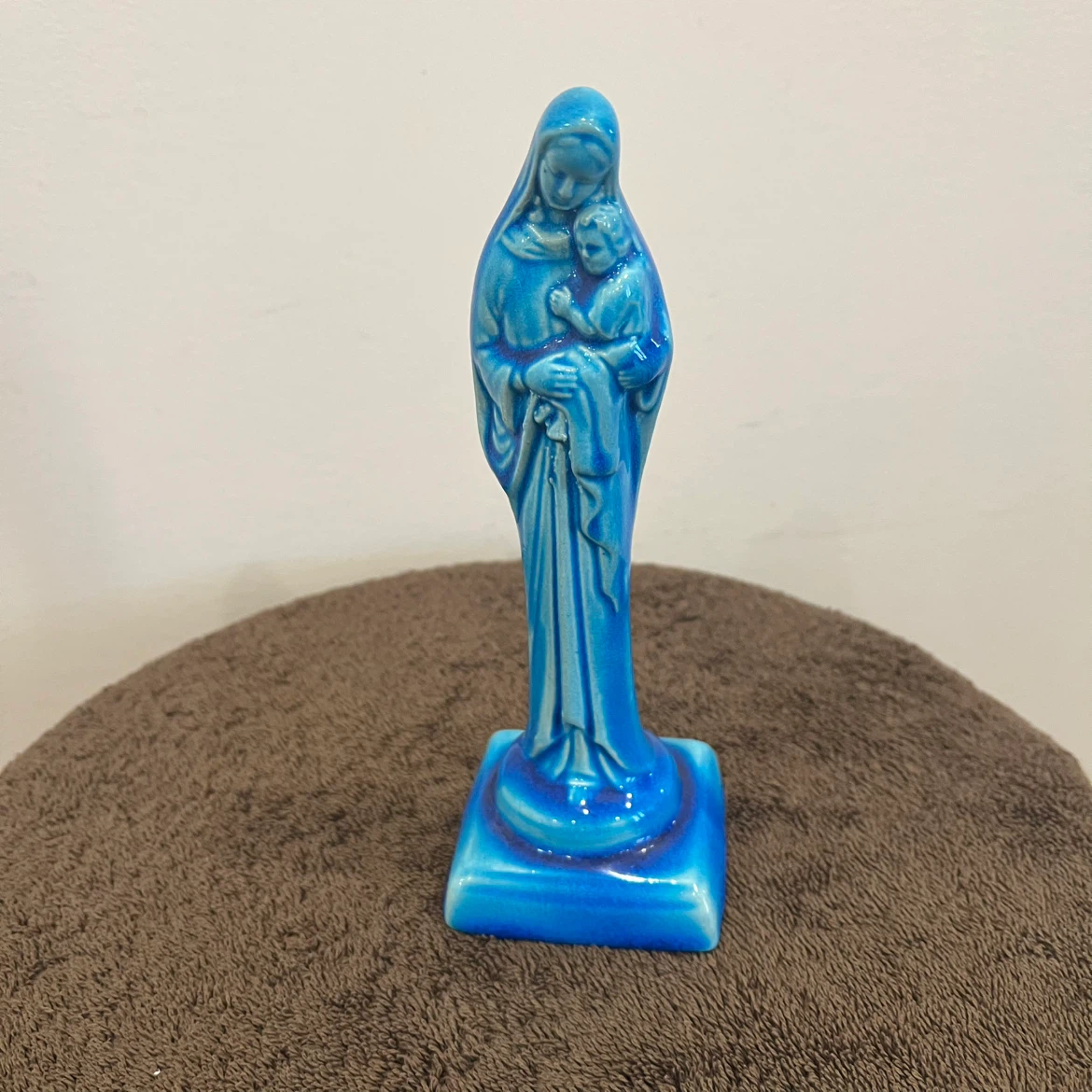Blue Ceramic Virgin Mary and Child Figurine