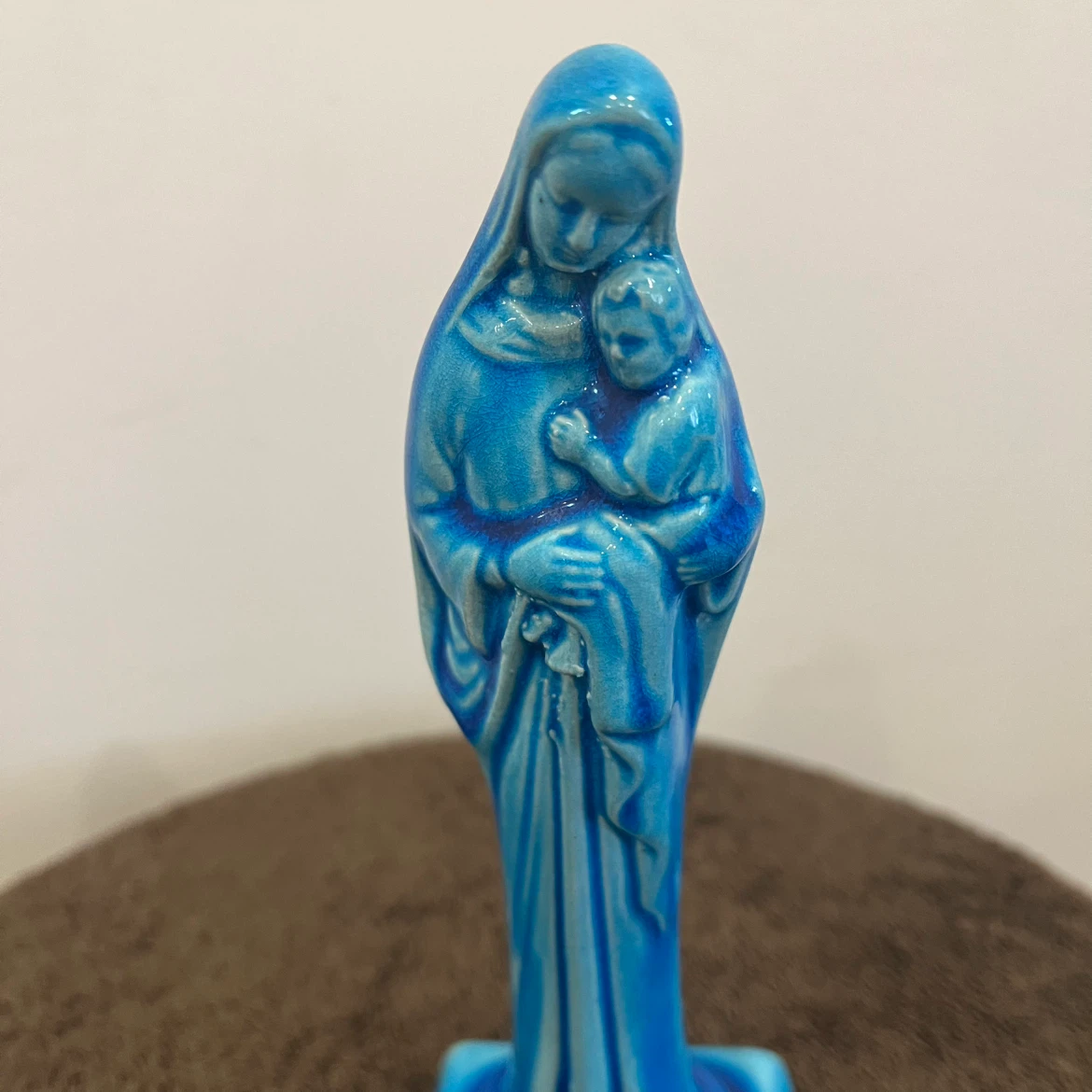 Blue Ceramic Virgin Mary and Child Figurine - photo 4
