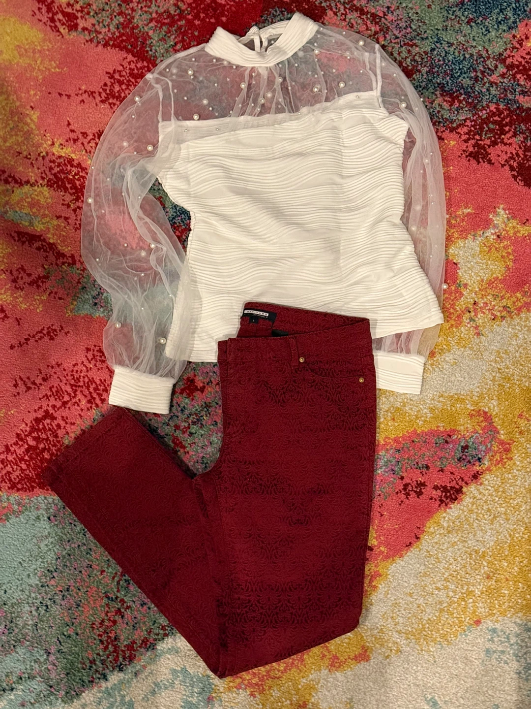 Burgundy Textured Pants and White Stretch Top