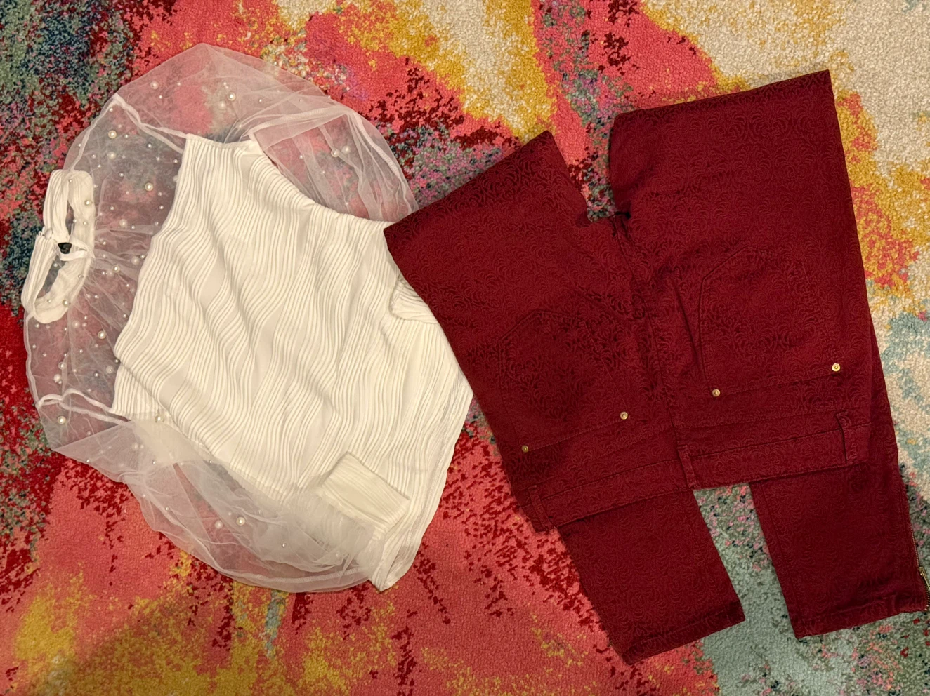 Burgundy Textured Pants and White Stretch Top - photo 2