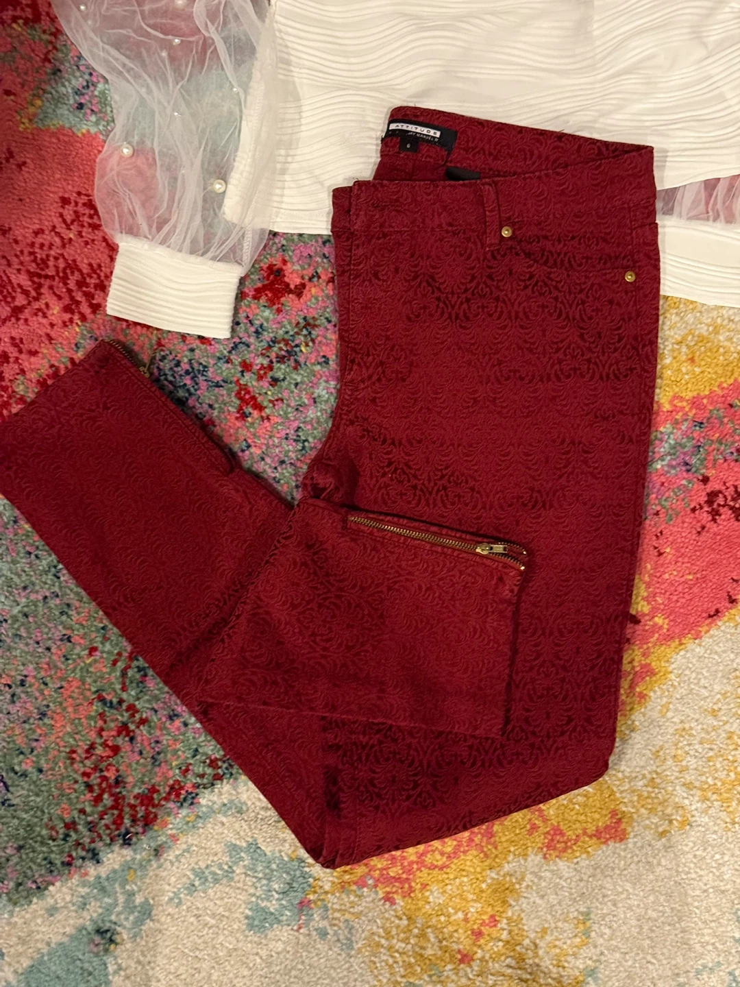 Burgundy Textured Pants and White Stretch Top - photo 3