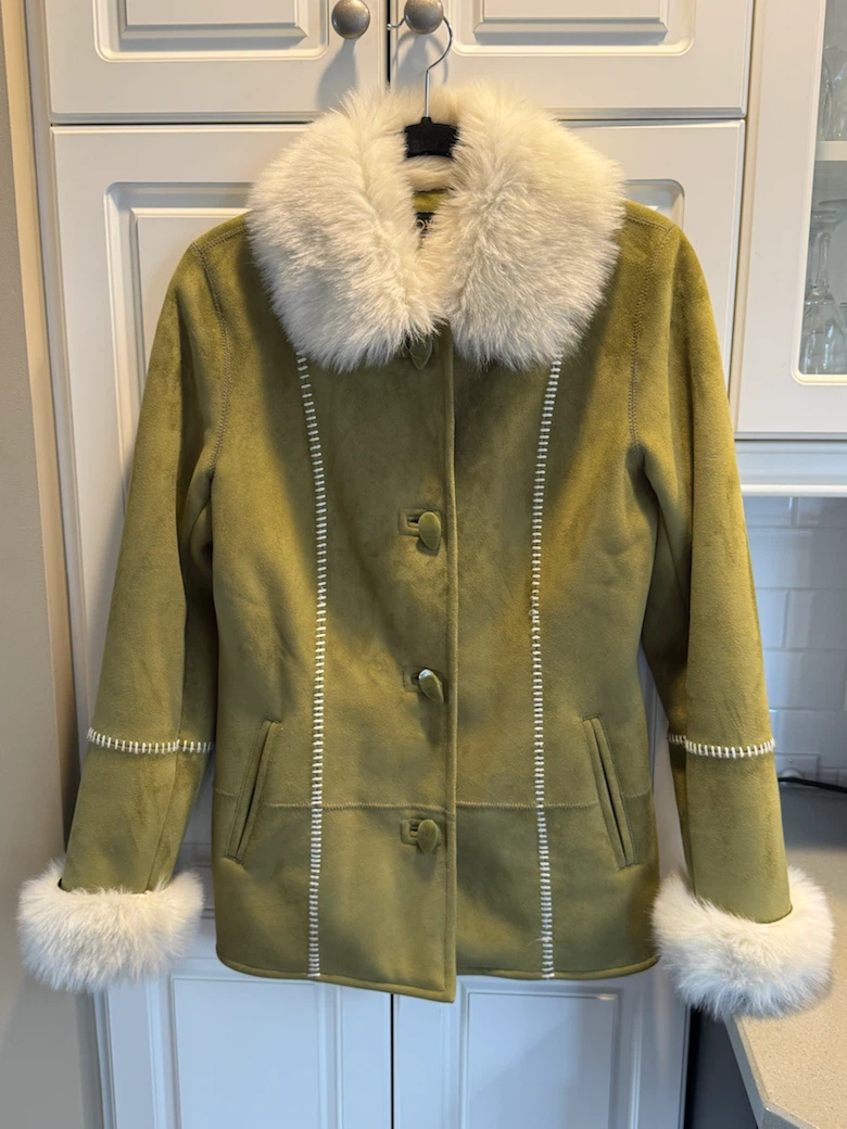 Olive Green Suede Jacket with Faux Fur Trim