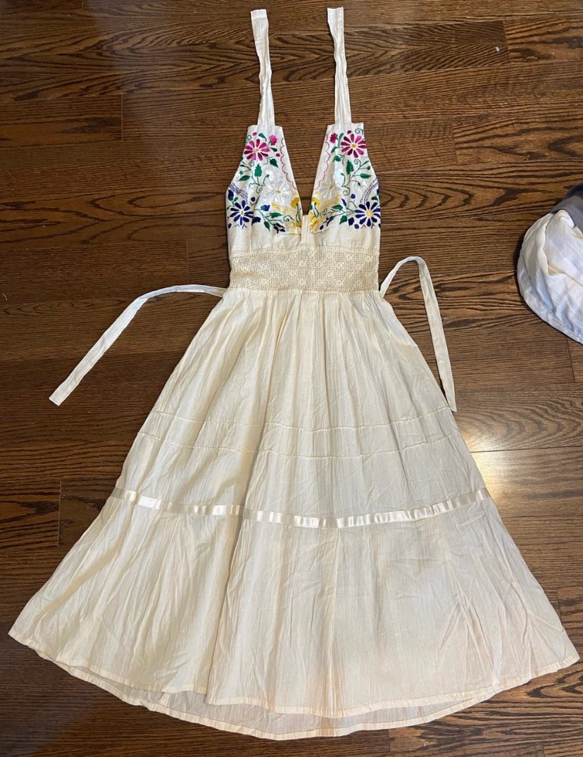 Cream Embroidered Halter Dress