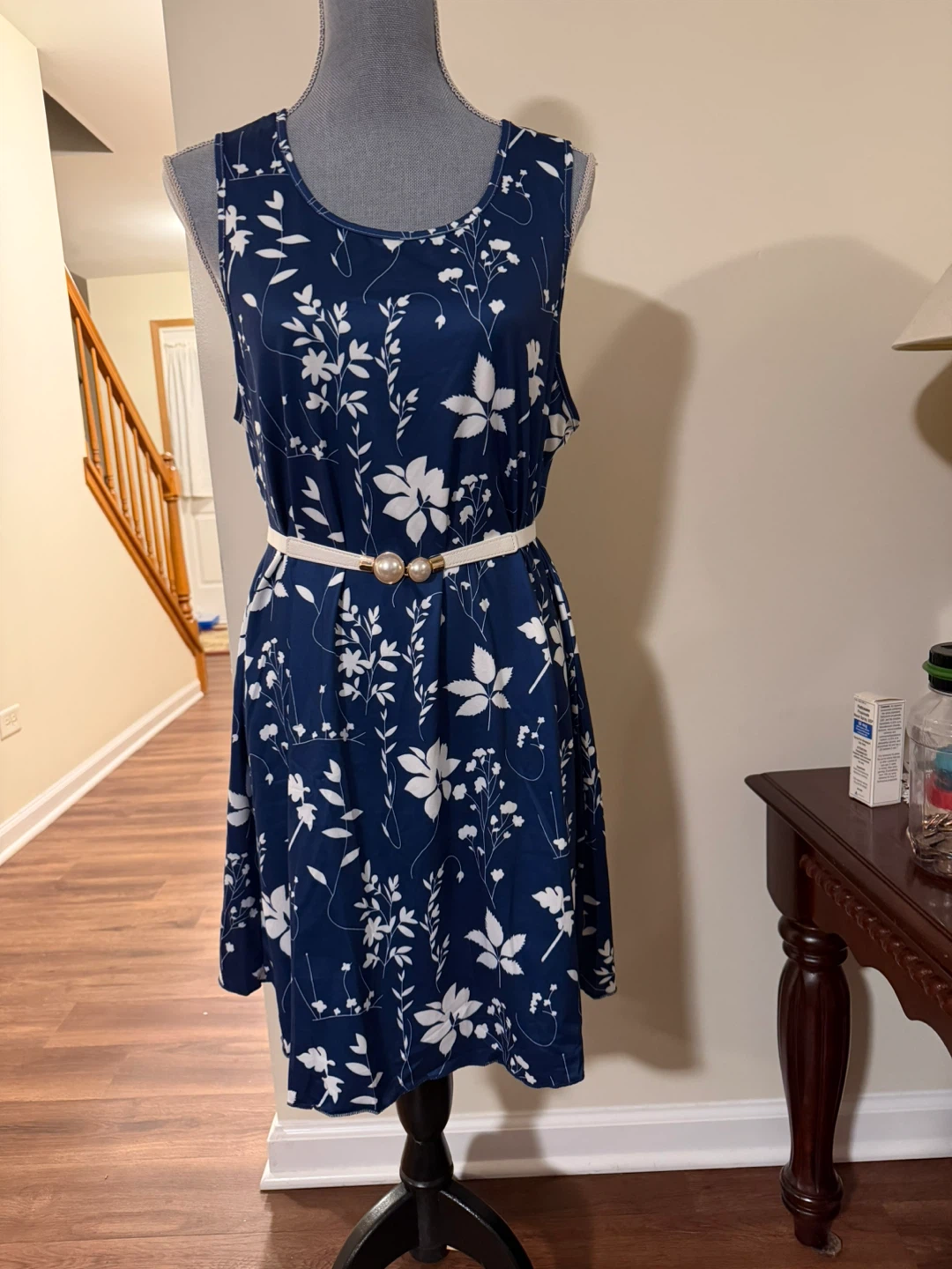 Blue and White Floral Sleeveless Dress