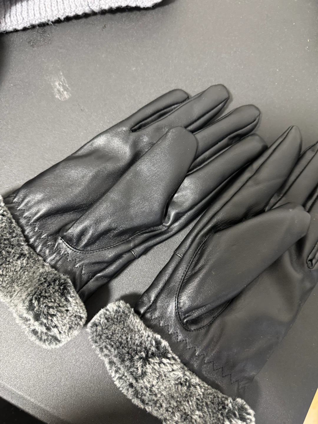 Black Faux Leather Gloves with Faux Fur Cuff - photo 2