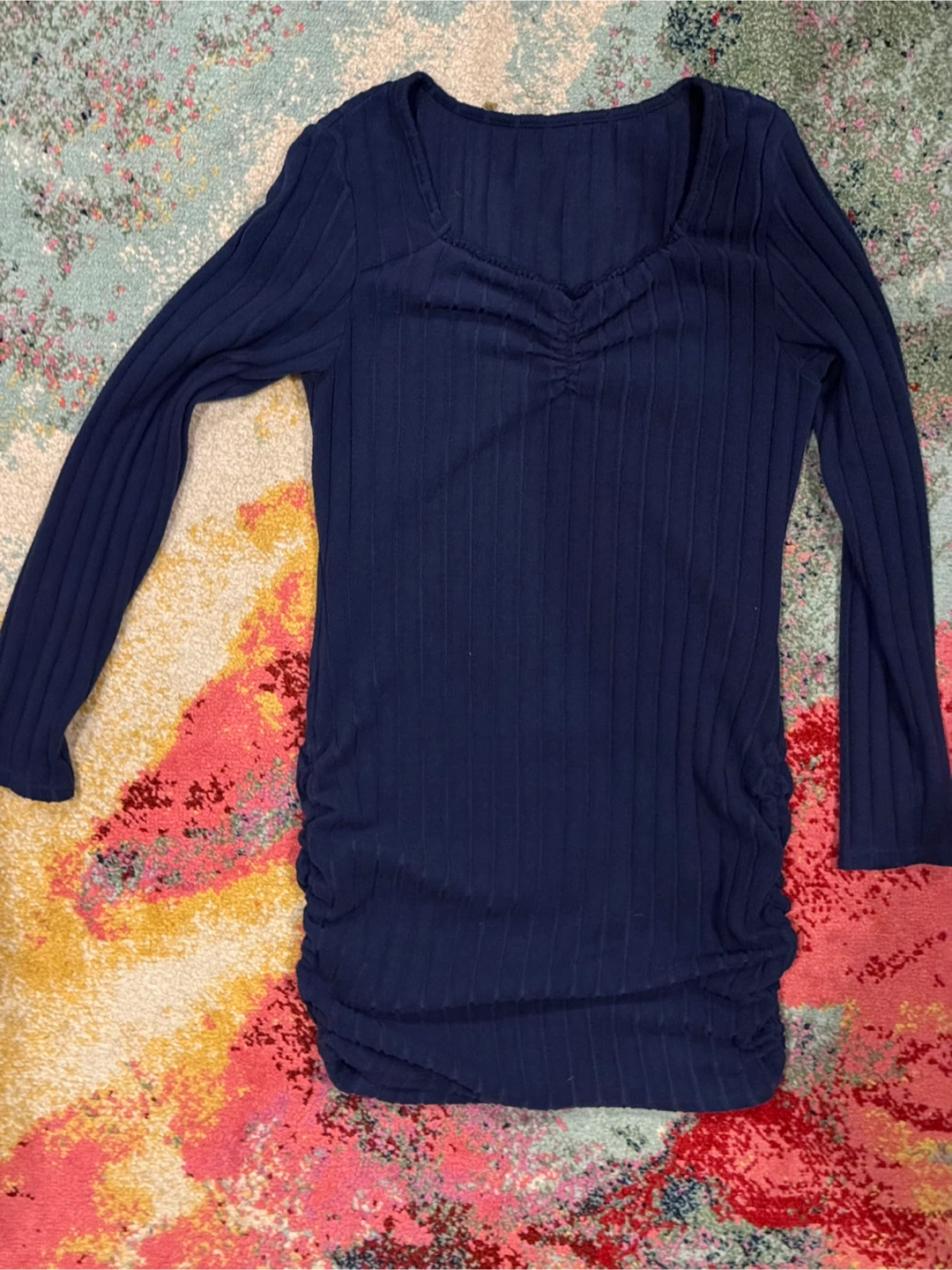 Navy Blue Ribbed Long-Sleeve Mini Dress