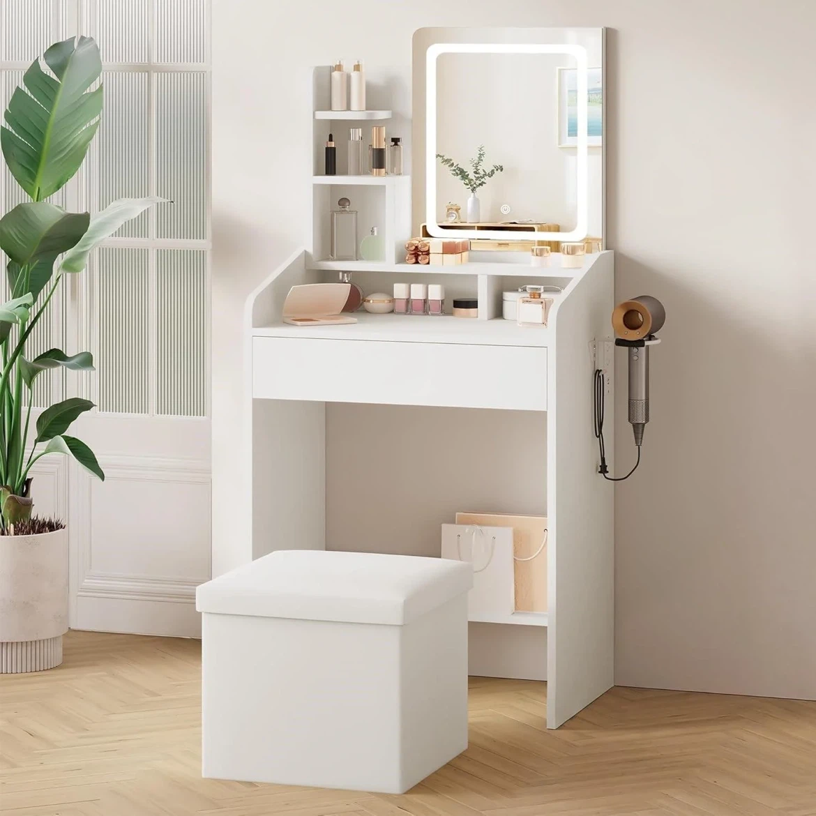 White Vanity Table with LED Mirror and Storage Stool